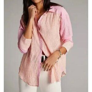 Maeve Katia 2 Tone Button Up Shirt M Striped Pink Orange Oversized Casual EUC